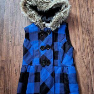 S Blue & Black Buffalo Check Faux Fur Piper & Blue Hooded Vest